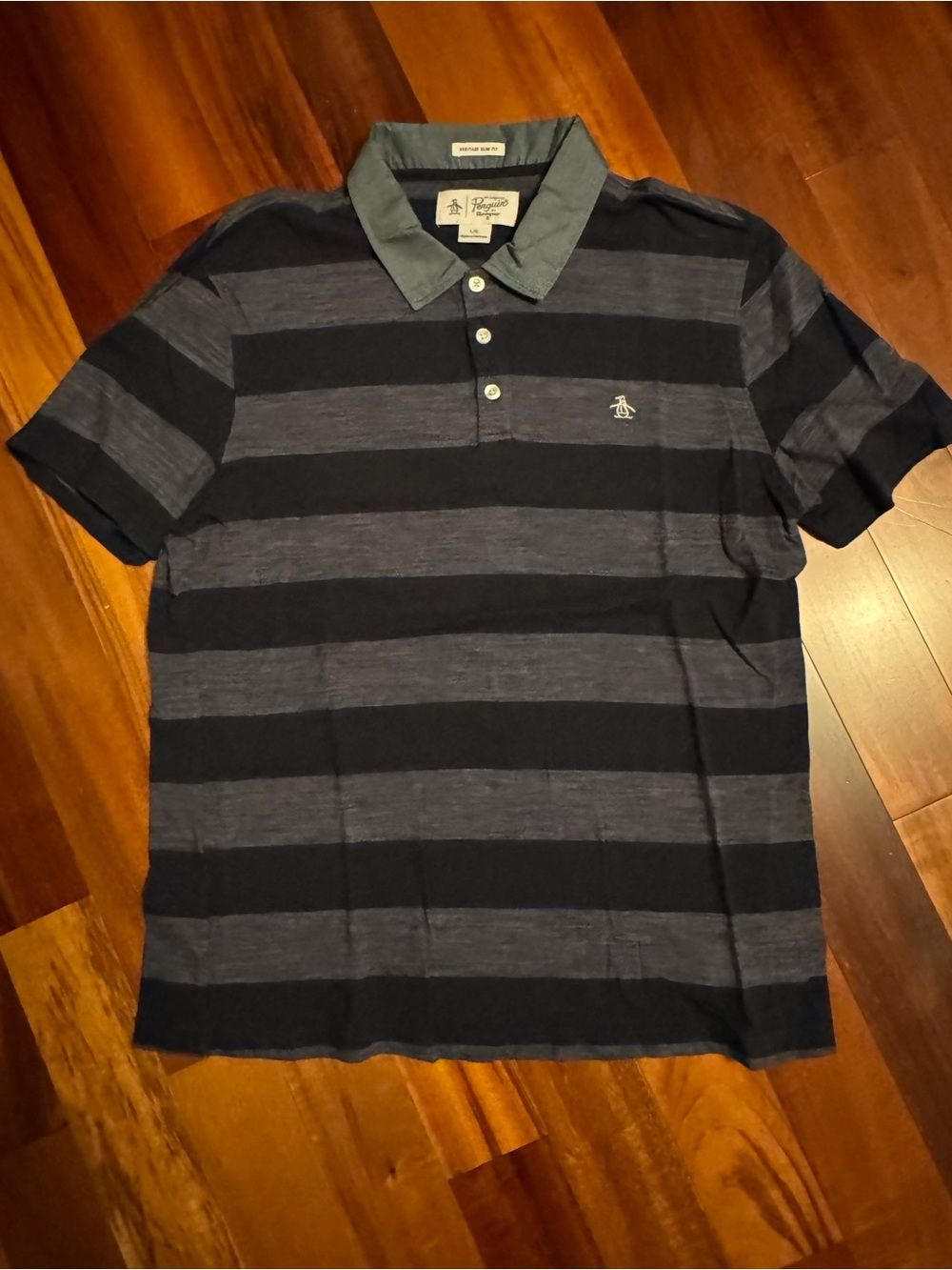 Original Penguin Men's Navy and Charcoal Stripe Polo